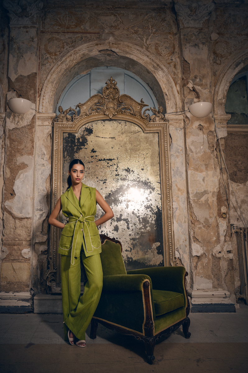 “Julia” wide leg pant in olive green linen