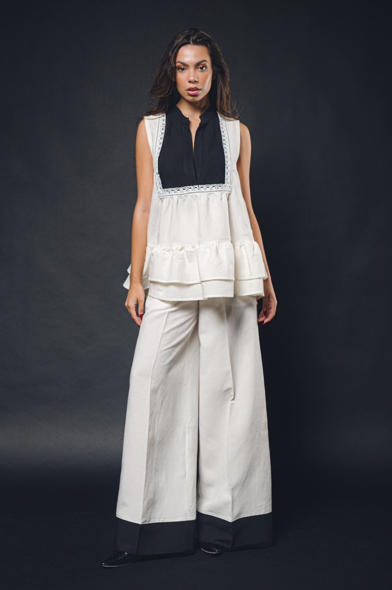 Babo - Esther Wide Leg pants in Off-white and Black linen