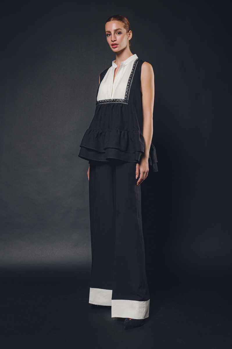 Babo - Esther Wide Leg pants in Black and Off-White linen