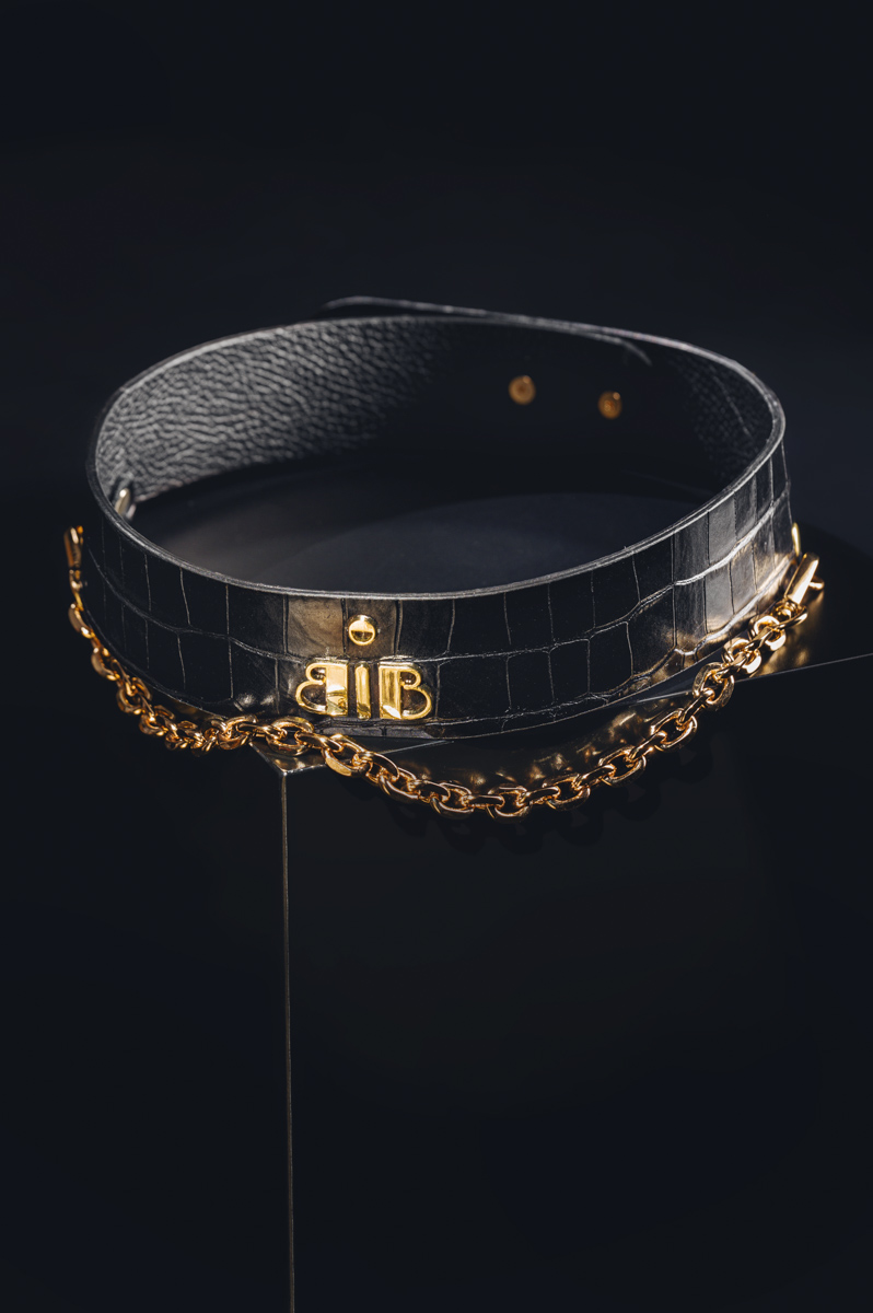 Babo - Waist Adjustable Belt in Croco Embossed Black Leather