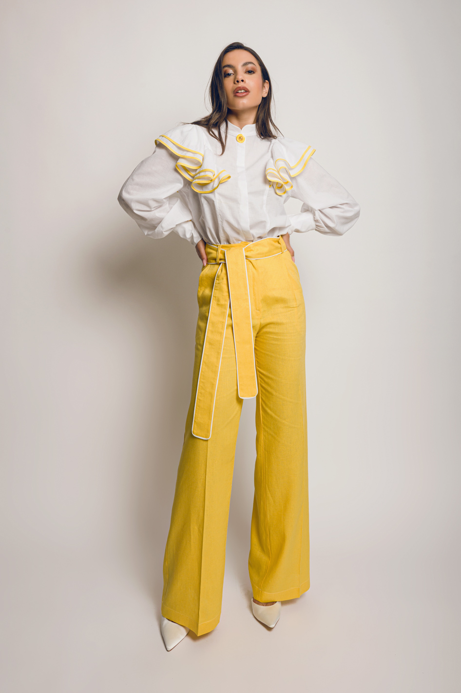 Babo - “Madonna B” White Cotton Shirt with Yellow Trim
