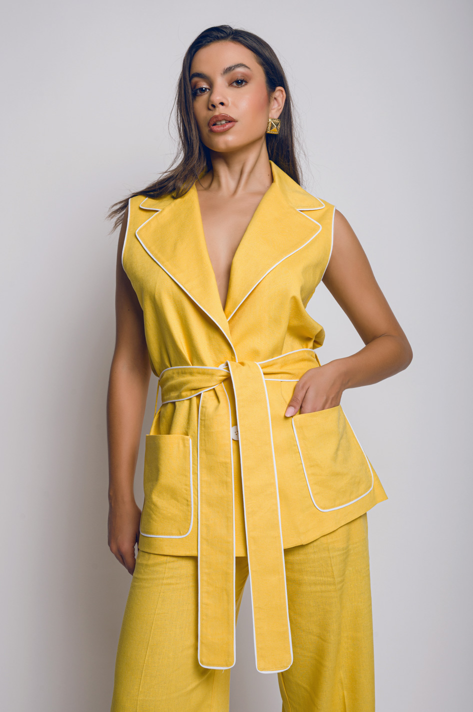 Babo - “Laura” Sleeveless Jacket in Bright Yellow Linen