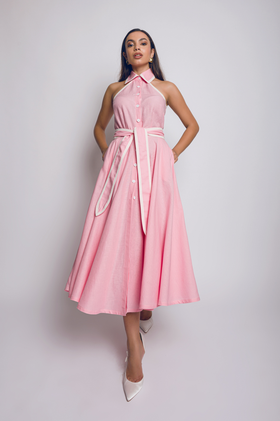Babo - “Juliette” Buttoned Dress in Pink Linen