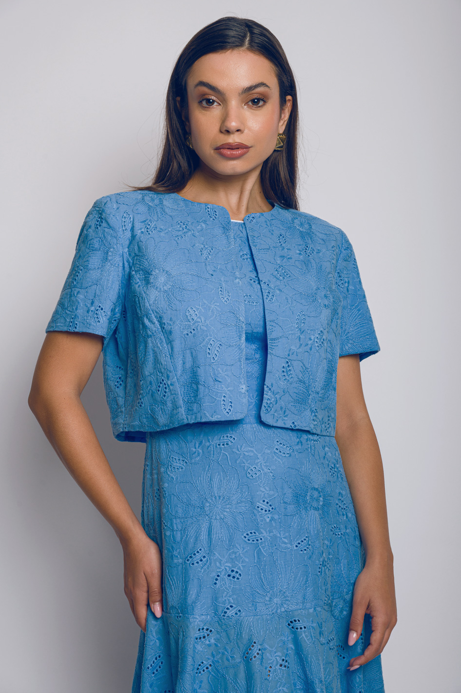 Babo - “Kelly” Cropped Jacket in Blue Cotton Embroidery