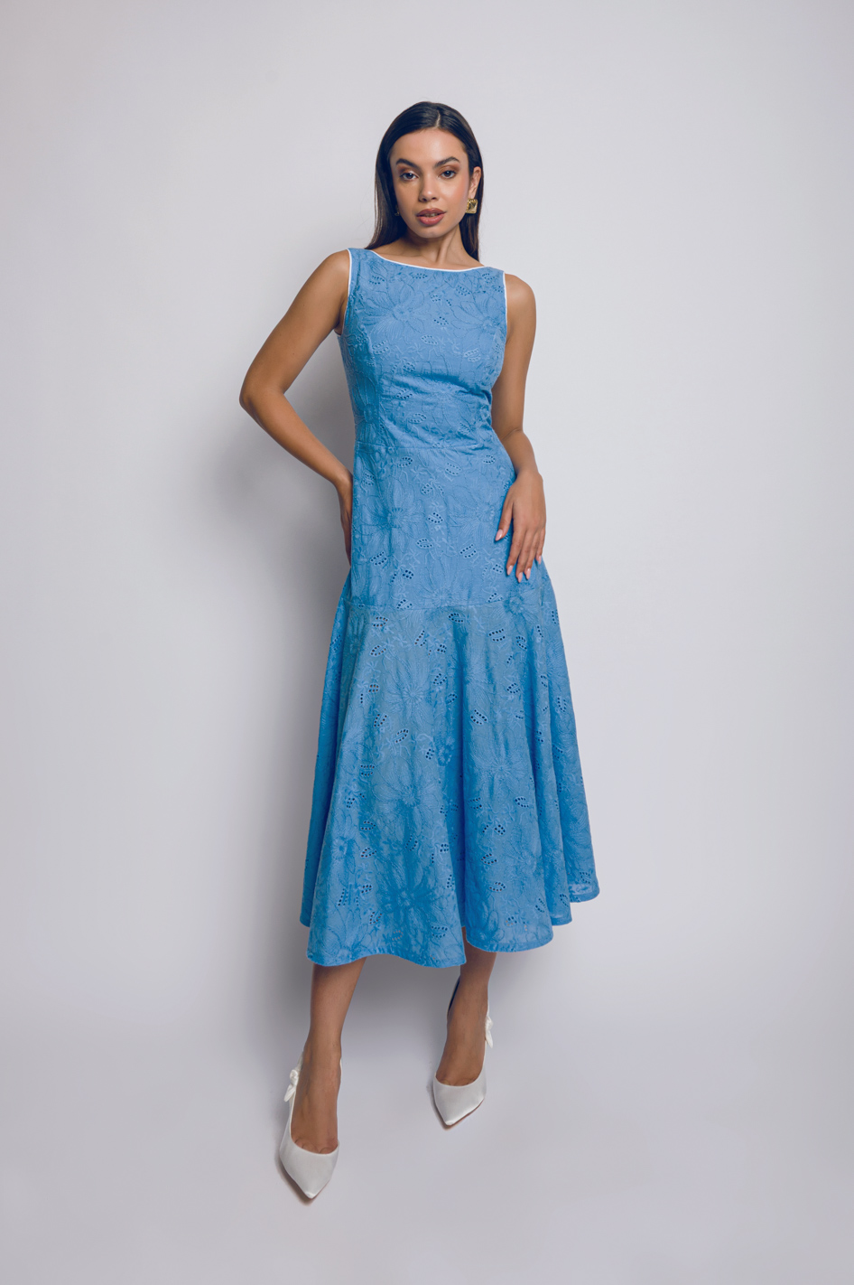 Babo - “Alicia” Midi Dress in Blue Cotton Embroidery