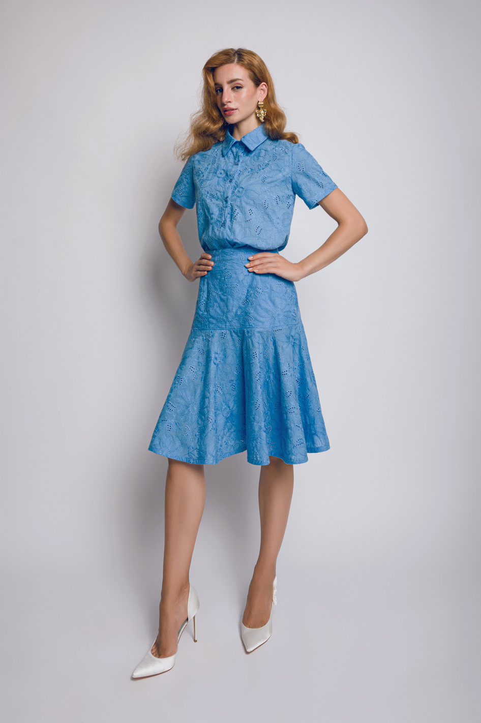 Babo - “Grace” Midi Skirt in Blue Cotton Embroidery